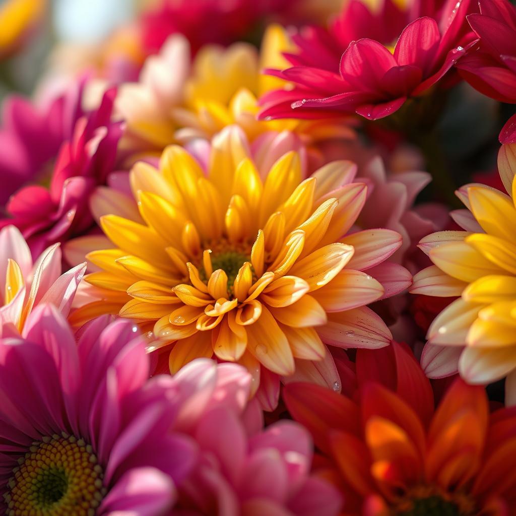 A close-up view of a beautiful and colorful array of flowers, with a soft focus on the petals and a gentle blur in the background