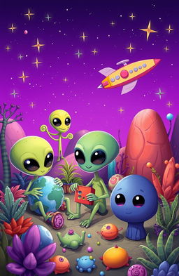 A colorful and whimsical scene featuring cartoon aliens from outer space, depicted with large heads, big expressive eyes, and quirky features