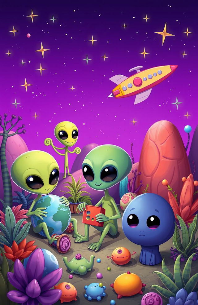 A colorful and whimsical scene featuring cartoon aliens from outer space, depicted with large heads, big expressive eyes, and quirky features