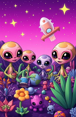 A colorful and whimsical scene featuring cartoon aliens from outer space, depicted with large heads, big expressive eyes, and quirky features