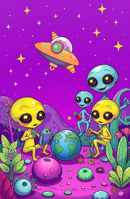 A colorful and whimsical scene featuring cartoon aliens from outer space, depicted with large heads, big expressive eyes, and quirky features