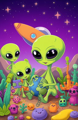 A colorful and whimsical scene featuring cartoon aliens from outer space, depicted with large heads, big expressive eyes, and quirky features