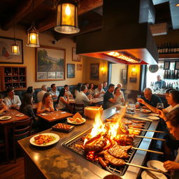 A vibrant and lively restaurant specializing in grilled meats, featuring an open parrilla (grill) with a variety of meats sizzling over flames