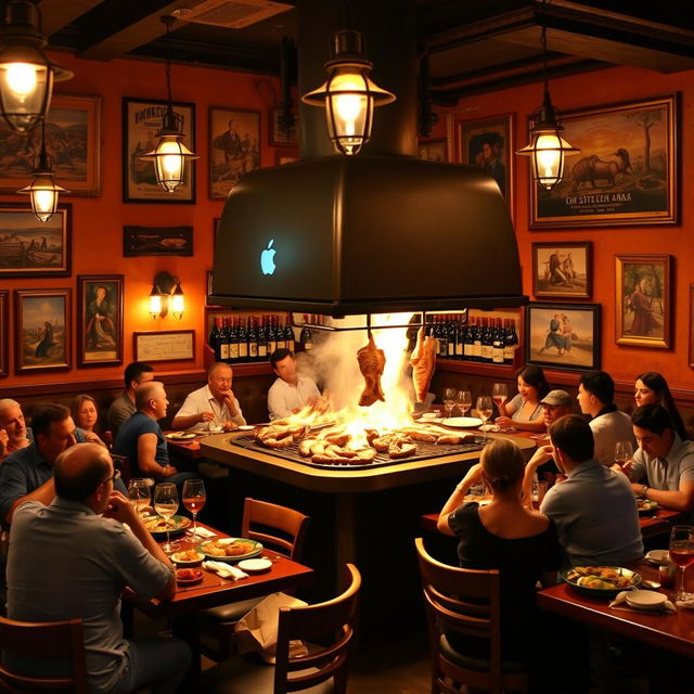 A vibrant and lively restaurant specializing in grilled meats, featuring an open parrilla (grill) with a variety of meats sizzling over flames