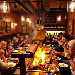 A vibrant and lively restaurant specializing in grilled meats, featuring an open parrilla (grill) with a variety of meats sizzling over flames