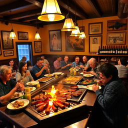 A vibrant and lively restaurant specializing in grilled meats, featuring an open parrilla (grill) with a variety of meats sizzling over flames