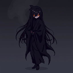 A 32x32 pixel art representation of a Japanese Yūrei male yokai dressed in dark black clothes
