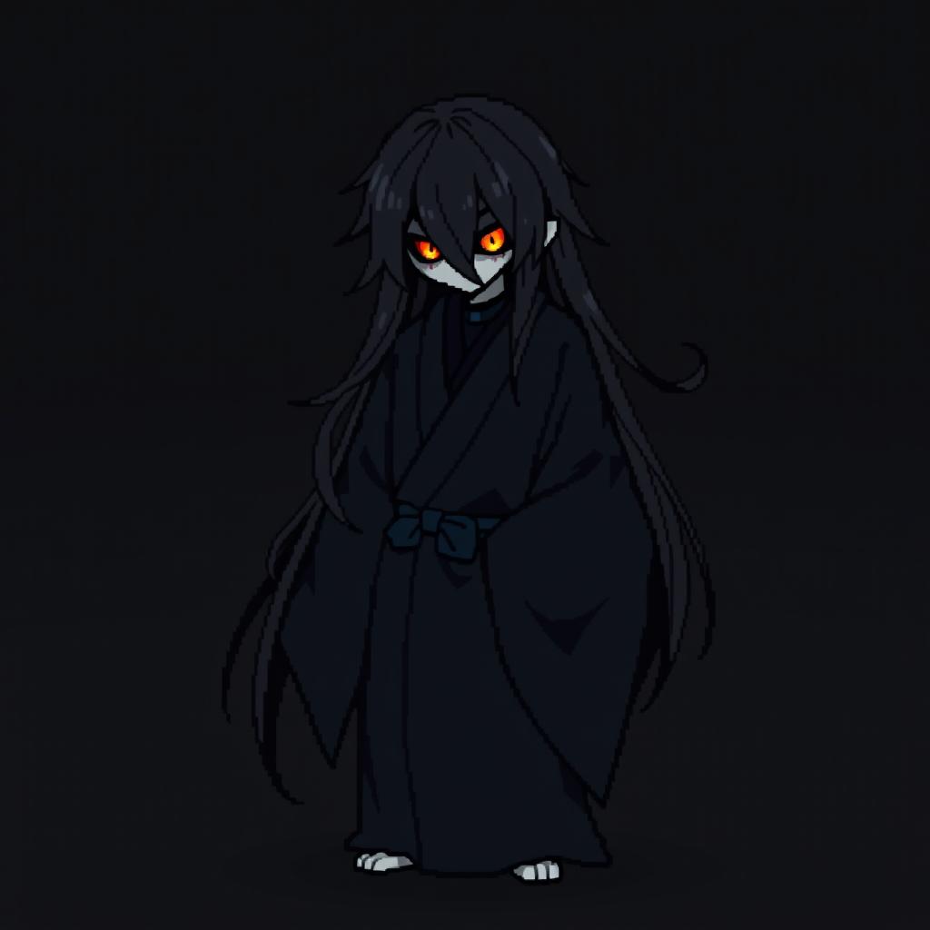 A 32x32 pixel art representation of a Japanese Yūrei male yokai dressed in dark black clothes