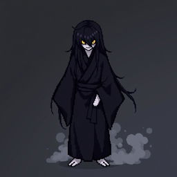 A 32x32 pixel art representation of a Japanese Yūrei male yokai dressed in dark black clothes