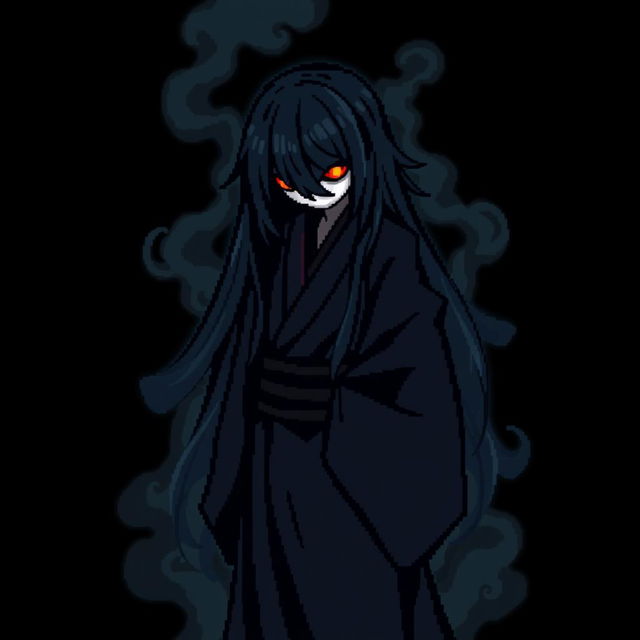 A 32x32 pixel art representation of a Japanese Yūrei male yokai dressed in dark black clothes