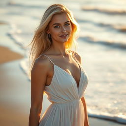 A stunningly beautiful, seductive blonde woman, showcasing her youthful vibrance with captivating blue eyes and a charming smile