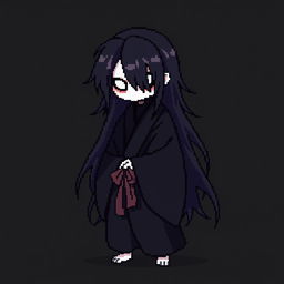 A 16x16 pixel art depiction of a Japanese Yūrei male yokai wearing dark black clothes