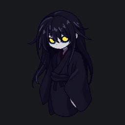 A 16x16 pixel art depiction of a Japanese Yūrei male yokai wearing dark black clothes