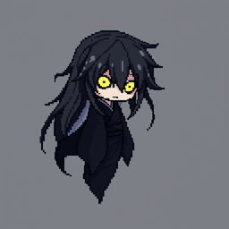 A 16x16 pixel art depiction of a Japanese Yūrei male yokai wearing dark black clothes