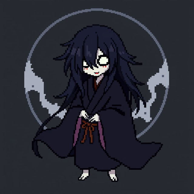 A 16x16 pixel art depiction of a Japanese Yūrei male yokai wearing dark black clothes