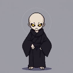 A 16x16 pixel art depiction of a Japanese bald Yūrei male yokai wearing dark black clothes