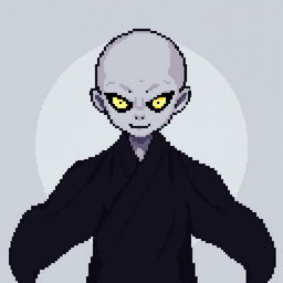 A 16x16 pixel art depiction of a Japanese bald Yūrei male yokai wearing dark black clothes