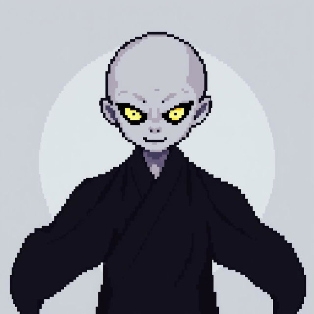 A 16x16 pixel art depiction of a Japanese bald Yūrei male yokai wearing dark black clothes