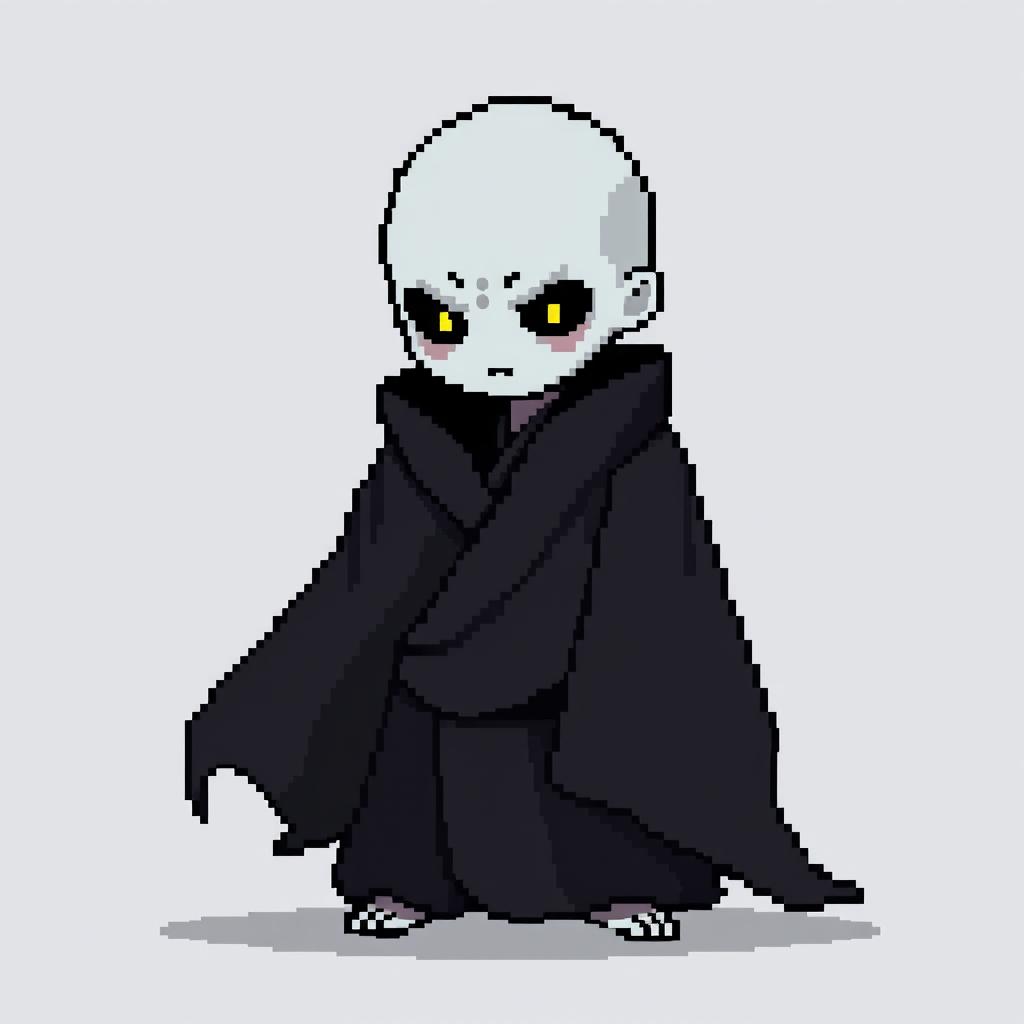 A 16x16 pixel art depiction of a Japanese bald Yūrei male yokai wearing dark black clothes