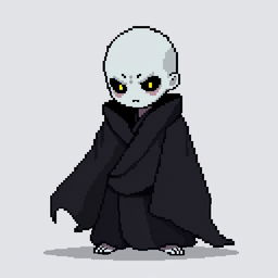 A 16x16 pixel art depiction of a Japanese bald Yūrei male yokai wearing dark black clothes