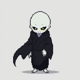 A 16x16 pixel art depiction of a Japanese bald Yūrei male yokai wearing dark black clothes