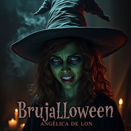 A teenage witch wearing a classic witch hat, with a burnt and disfigured green face that reflects fear and terror