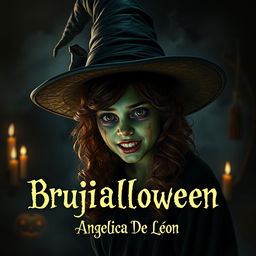 A teenage witch wearing a classic witch hat, with a burnt and disfigured green face that reflects fear and terror