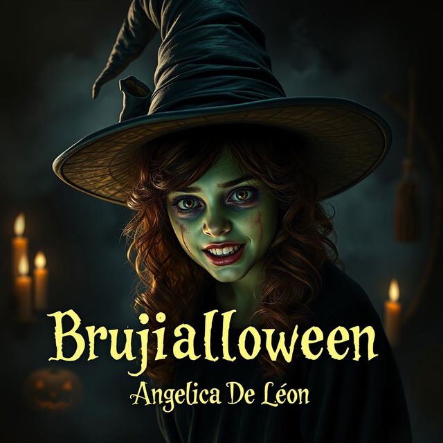 A teenage witch wearing a classic witch hat, with a burnt and disfigured green face that reflects fear and terror