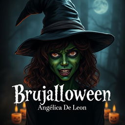 A teenage witch wearing a classic witch hat, with a burnt and disfigured green face that reflects fear and terror