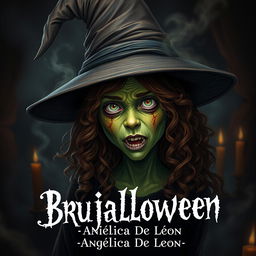A teenage witch wearing a classic witch hat, with a burnt and disfigured green face that reflects fear and terror