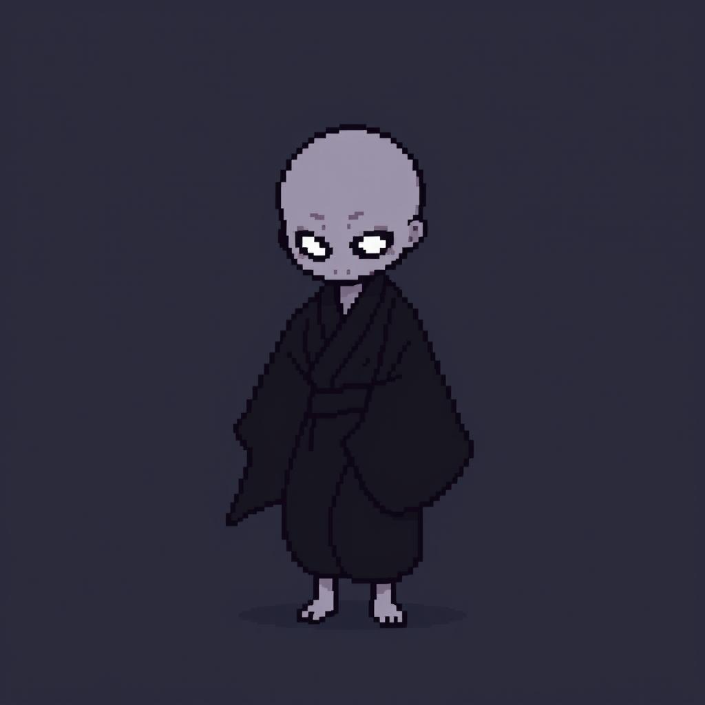 A 16x16 pixel art image of a Japanese bald Yūrei male yokai with a human body, wearing dark black clothes