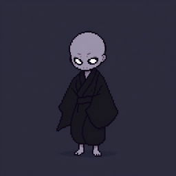 A 16x16 pixel art image of a Japanese bald Yūrei male yokai with a human body, wearing dark black clothes