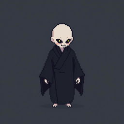 A 16x16 pixel art image of a Japanese bald Yūrei male yokai with a human body, wearing dark black clothes