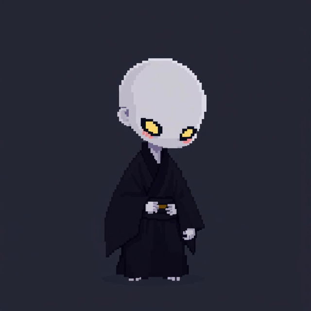 A 16x16 pixel art image of a Japanese bald Yūrei male yokai with a human body, wearing dark black clothes