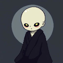 A 32x32 pixel art image of a Japanese bald Yūrei male yokai with a human body, dressed in dark black clothes