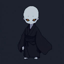 A 32x32 pixel art image of a Japanese bald Yūrei male yokai with a human body, dressed in dark black clothes