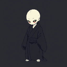 A 32x32 pixel art image of a Japanese bald Yūrei male yokai with a human body, dressed in dark black clothes