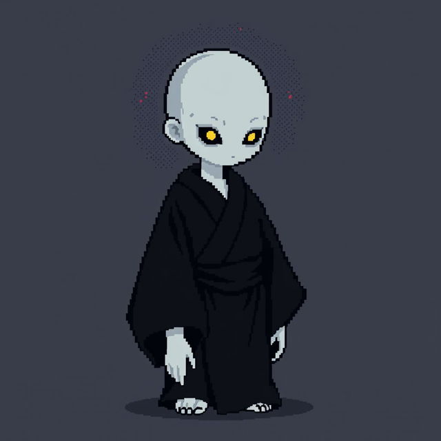 A 32x32 pixel art image of a Japanese bald Yūrei male yokai with a human body, dressed in dark black clothes