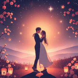 An enchanting scene representing the beauty of love, featuring a couple embracing under a starlit sky, surrounded by blooming flowers and gentle, glowing lanterns