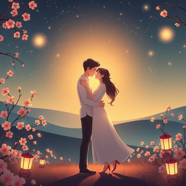 An enchanting scene representing the beauty of love, featuring a couple embracing under a starlit sky, surrounded by blooming flowers and gentle, glowing lanterns