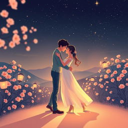An enchanting scene representing the beauty of love, featuring a couple embracing under a starlit sky, surrounded by blooming flowers and gentle, glowing lanterns