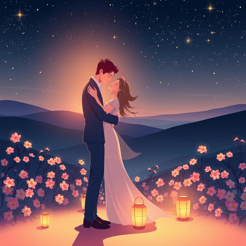 An enchanting scene representing the beauty of love, featuring a couple embracing under a starlit sky, surrounded by blooming flowers and gentle, glowing lanterns