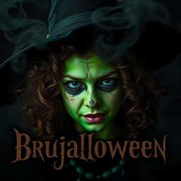A teenage witch with a burnt face that adds to her terrorizing presence, showcasing striking features enhanced by a ghastly green hue