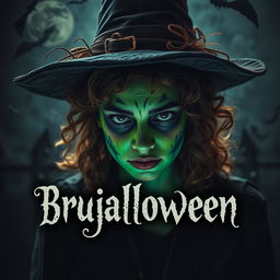 A teenage witch with a burnt face that adds to her terrorizing presence, showcasing striking features enhanced by a ghastly green hue