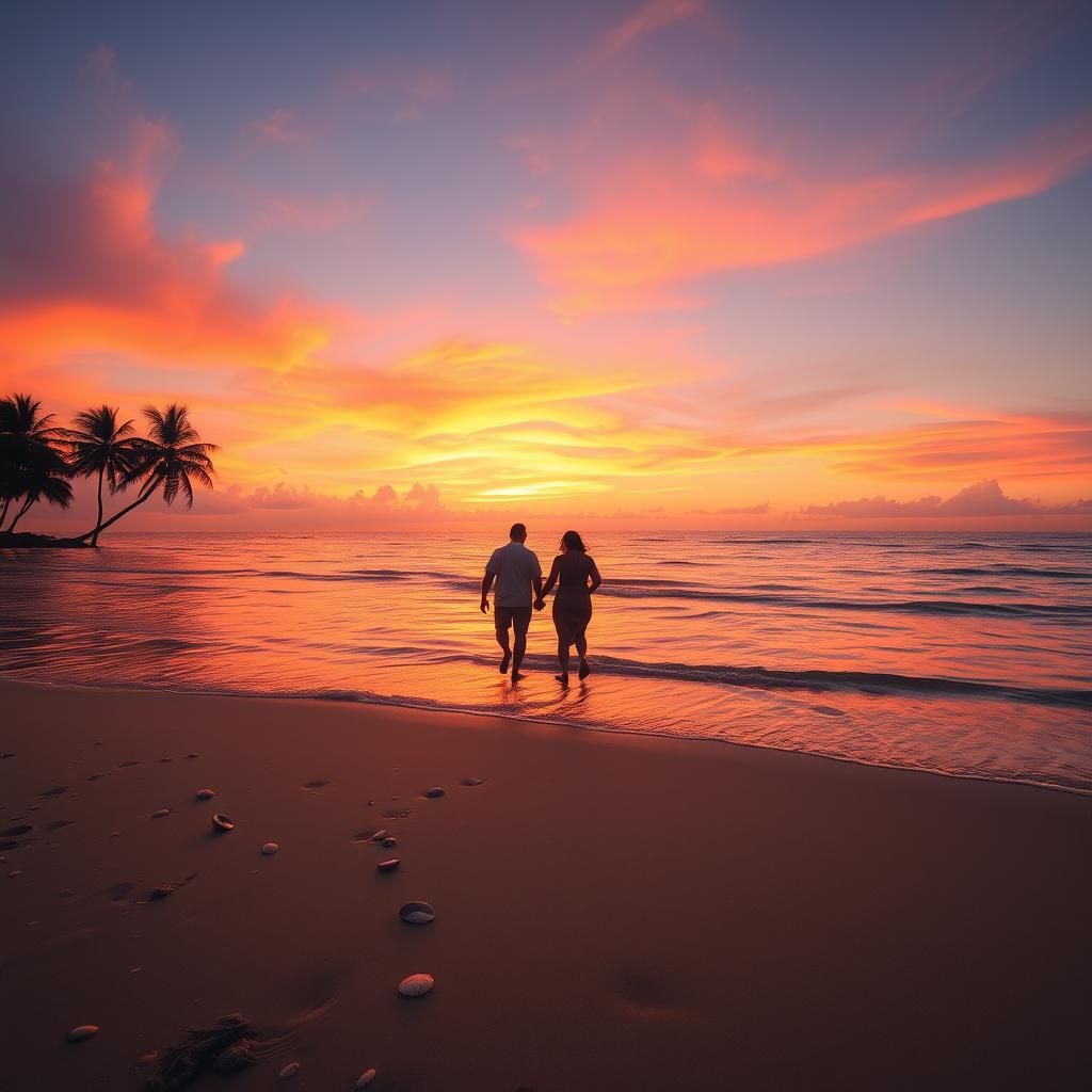 A tranquil sunset over a calm ocean, with vibrant shades of orange, pink, and purple filling the sky