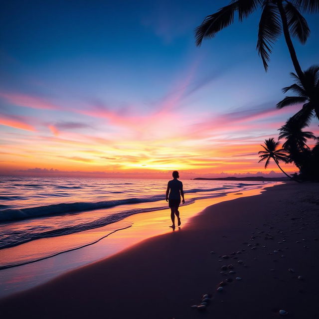 A tranquil sunset over a calm ocean, with vibrant shades of orange, pink, and purple filling the sky