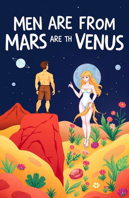 A whimsical illustration depicting the concept of "Men Are from Mars, Women Are from Venus"