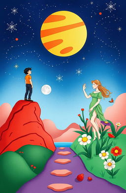A whimsical illustration depicting the concept of "Men Are from Mars, Women Are from Venus"