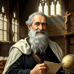 A portrait of an older Thomas Aquinas, depicted as a wise and contemplative figure