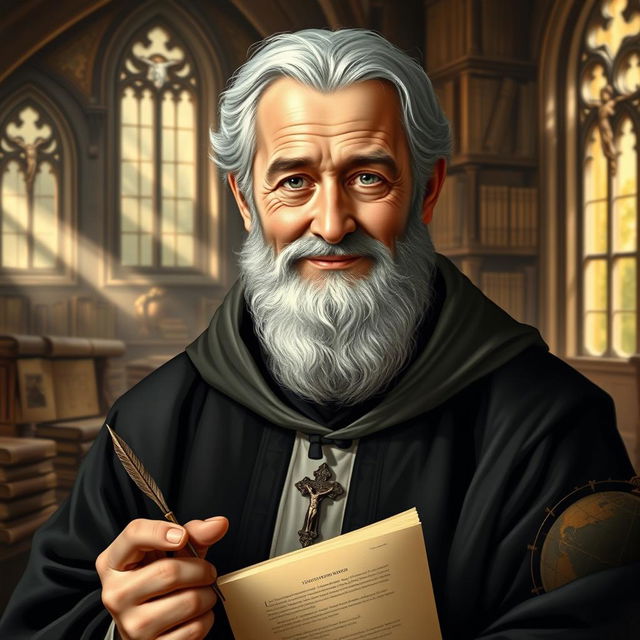 A portrait of an older Thomas Aquinas, depicted as a wise and contemplative figure